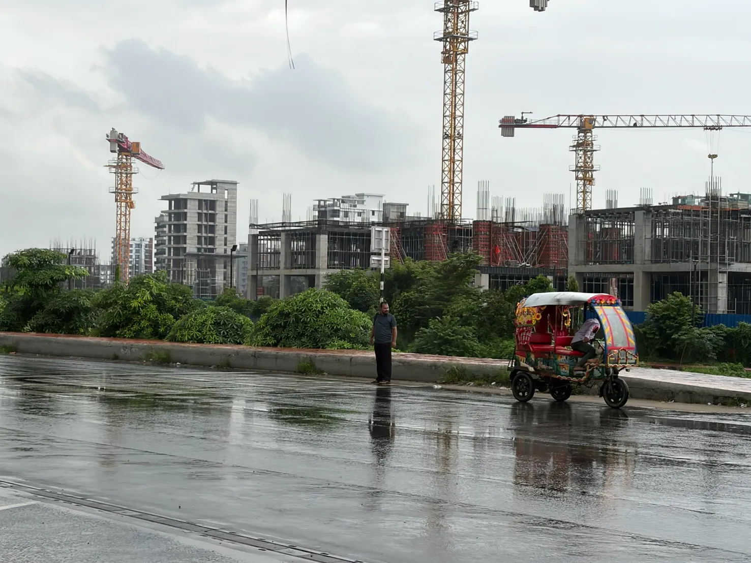 With the buildings under construction